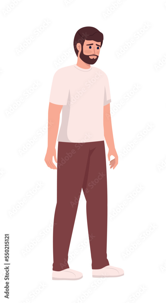 Sad bearded man in casual outfit semi flat color vector character. Editable figure. Full body person on white. Simple cartoon style illustration for web graphic design and animation