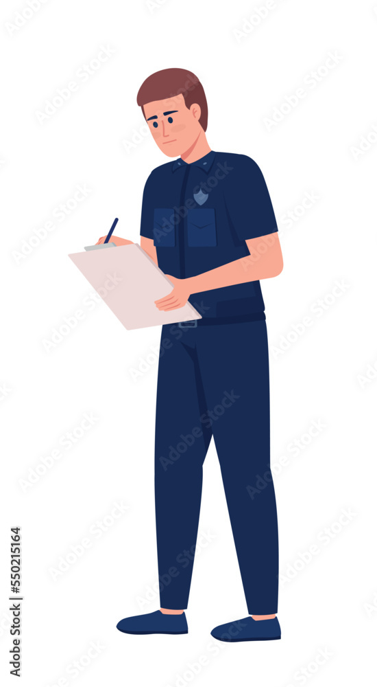 Strict policeman writing out penalty semi flat color vector character. Editable figure. Full body person on white. Simple cartoon style illustration for web graphic design and animation