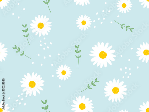 Seamless pattern with daisy flower and leaves on blue background vector illustration.