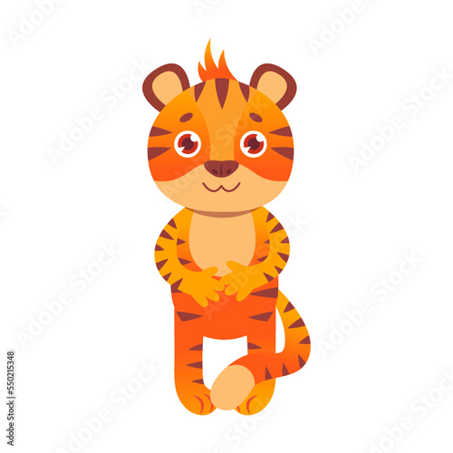 Fototapeta Naklejka Na Ścianę i Meble -  Kind tiger character vector illustration. Cute funny wild animal cartoon character smiling and waving, symbol of 2022 on white background
