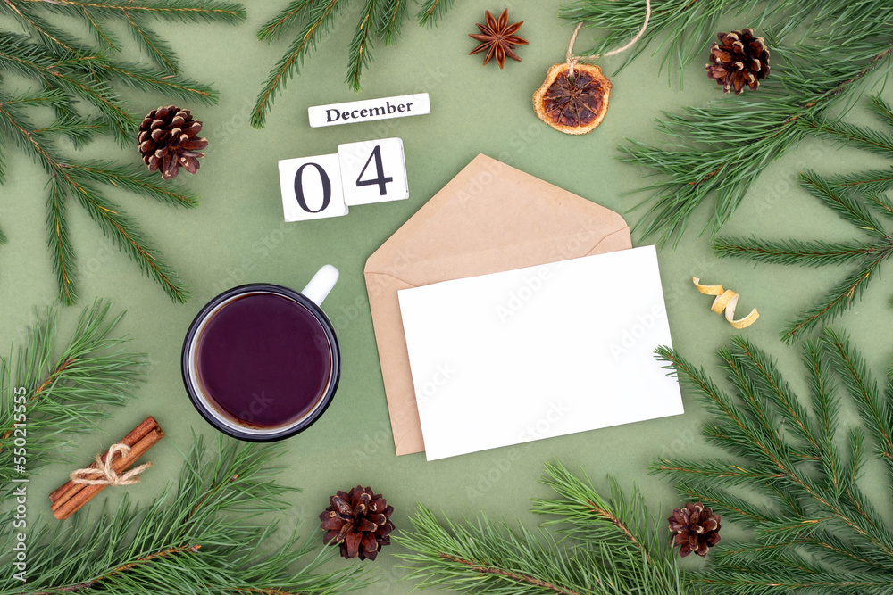 December 4. Calendar date, white blank with craft envelope, cup of tea ...