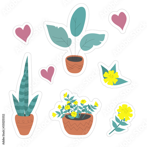 Set of home plants stickers in ceramic pots. Vector illustration in hand drawn style. Yellow flowers, hearts and leaves in pastel colors.
