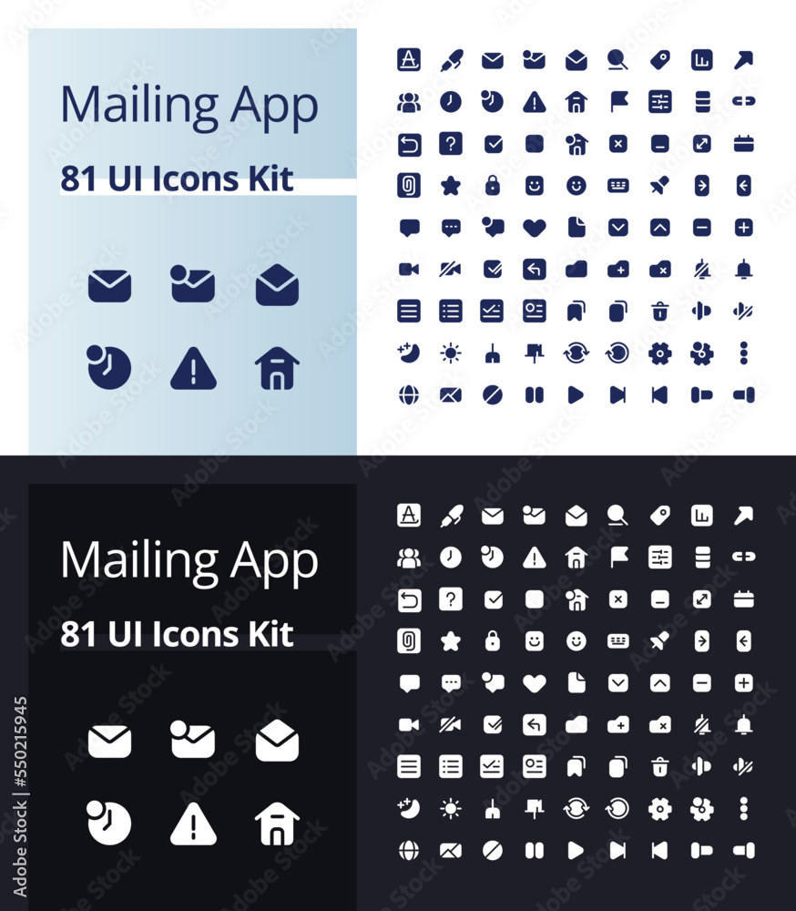 Mailing app glyph ui icons kit for dark, light mode. Communication ...