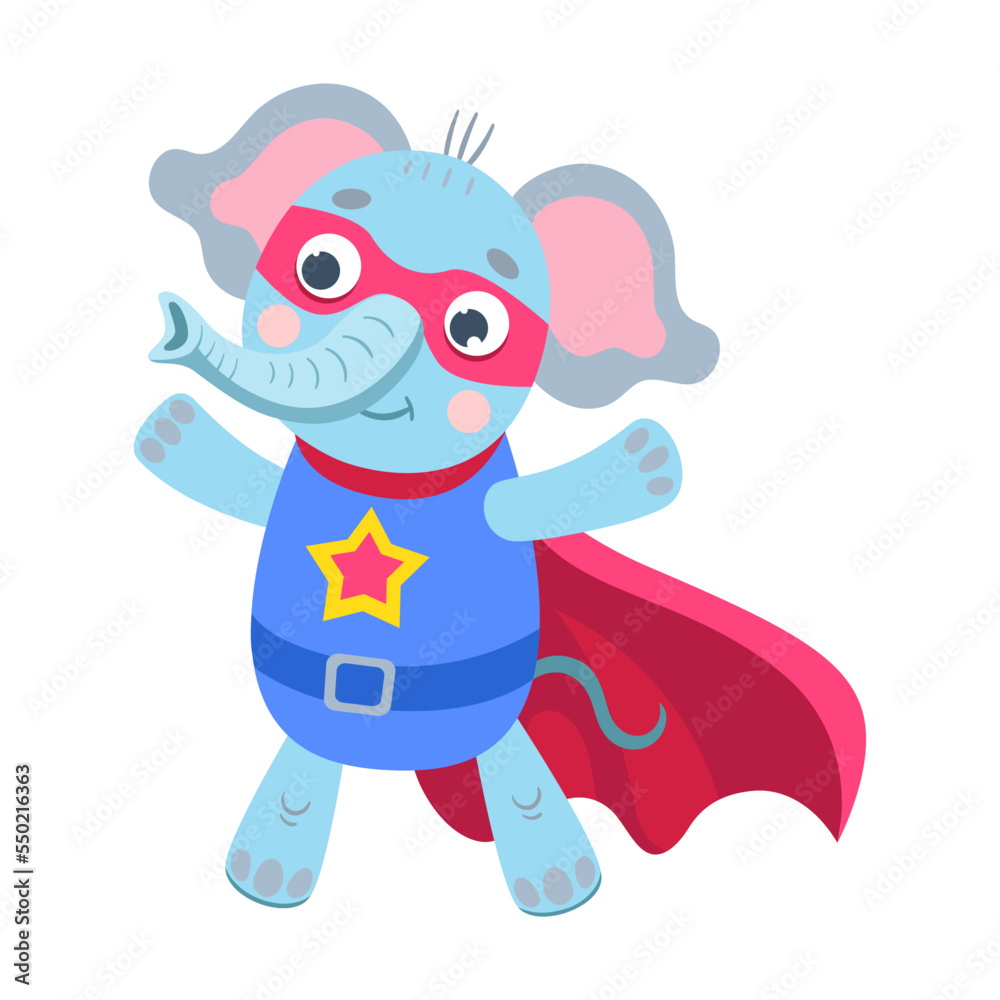Hero elephant, animal character cartoon illustration. Funny little superhero in cape and mask on white background Hero elephant, animal character cartoon illustration. Funny little superhero in cape and mask on white background