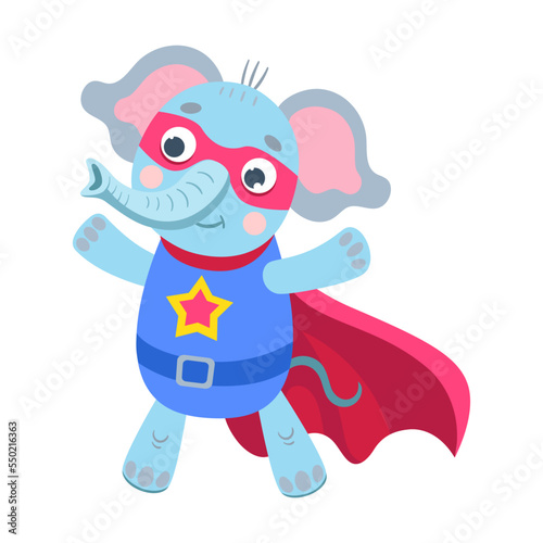 Hero elephant, animal character cartoon illustration. Funny little superhero in cape and mask on white background