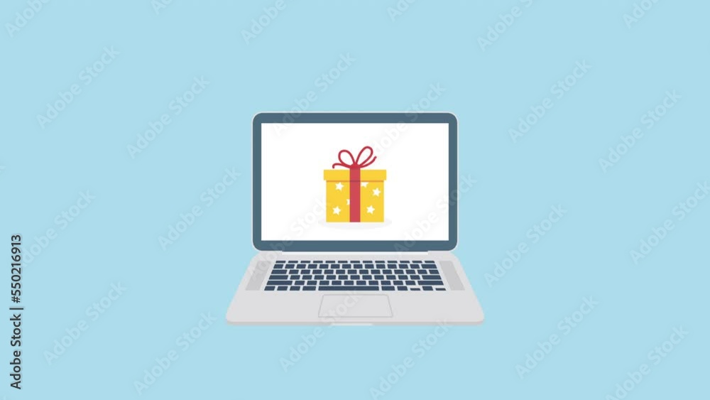 Laptop with gifts sign on screen, Christmas wishes, greeting, gift box card Laptop with gifts sign on screen, Christmas wishes, greeting, gift box card