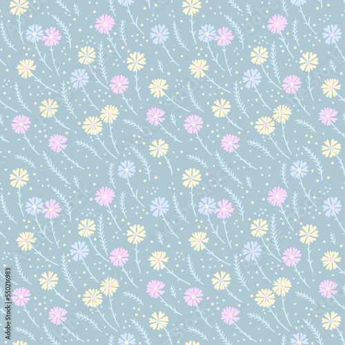 Vector seamless pattern with wildflowers and herbs. Yellow, purple and pink buds. These are elegant lines of plant silhouettes. Pastel colors.