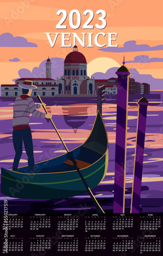 Monthly calendar 2023 year Venice Italia Poster retro style. Sunset Grand Canal, gondolier, architecture, vintage card. Vector illustration postcard