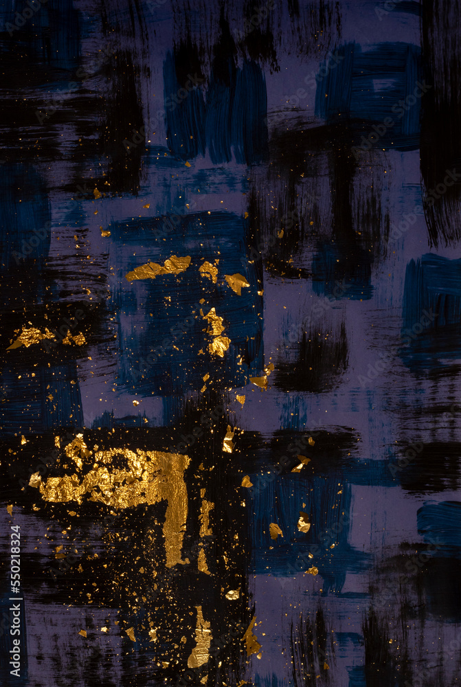 Creative dark purpla black abstract hand painted background with gold gilding, wallpaper, texture, closeup of acrylic painting on canvas with brush strokes. Modern Art. Modern Art.