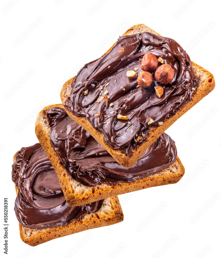 Bread with chocolate hazelnuts paste cream isolated on transparent background, png format. Sandwiches with chocolate nut topping Bread with chocolate hazelnuts paste cream isolated on transparent background, png format. Sandwiches with chocolate nut topping
