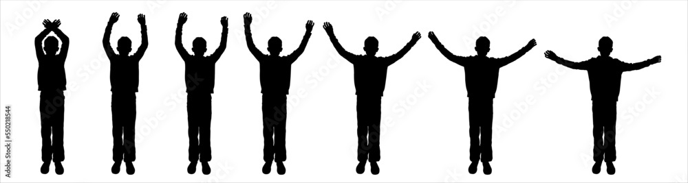 A teenager with both hands held high. The joy of a boy. The boy slowly raises or lowers his hands. Sport. Physical exercises. Front view, full face. Seven black teenage silhouettes isolated on white