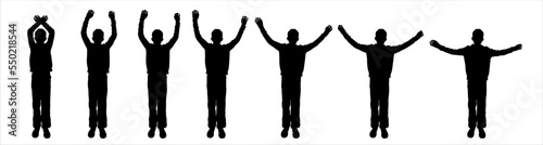 A teenager with both hands held high. The joy of a boy. The boy slowly raises or lowers his hands. Sport. Physical exercises. Front view, full face. Seven black teenage silhouettes isolated on white