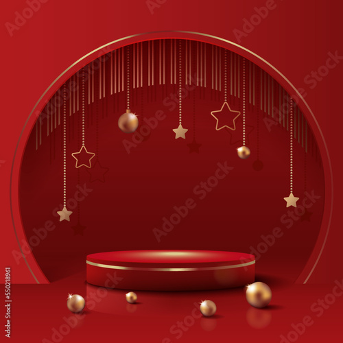 Red Podium on Red Background with Circle Frame and Golden Garland. Christmas Sale Template. Square Holiday Banner. Vector Illustration.