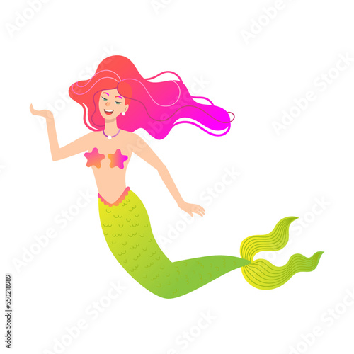 Mermaid cartoon character with fish tail, flat vector illustration. Beautiful mythical creature with underwater animals isolated on white