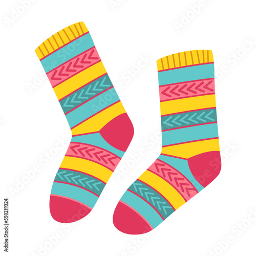Knitted woolen socks. Vector illustration of knitting, needlework, craft hobby isolated on white background