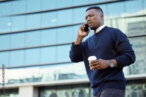 Fotografie Business man talking on phone call, mobile communication with coffee in city and planning work with conversation on 5g smartphone