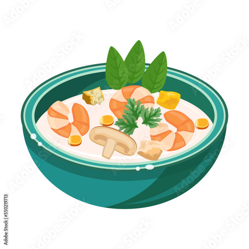 Mushroom soup with shrimps. Plate with seafood flat vector illustration. Dish from fish or shrimp, salmon and salad isolated on white. Seafood
