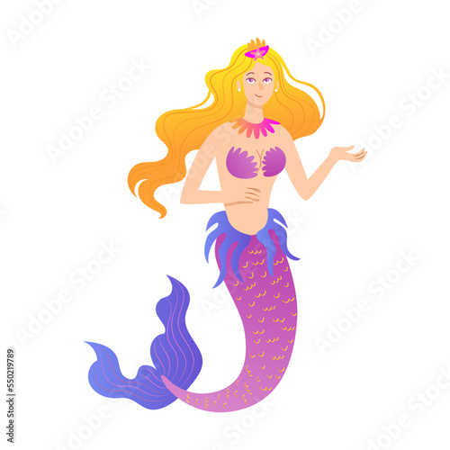 Mermaid flat vector illustration. Beautiful mythical creature with underwater animals isolated on white
