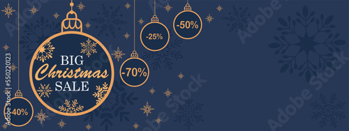 Christmas big sale horizontal blue banner, template, border for commerce, promotion and advertising