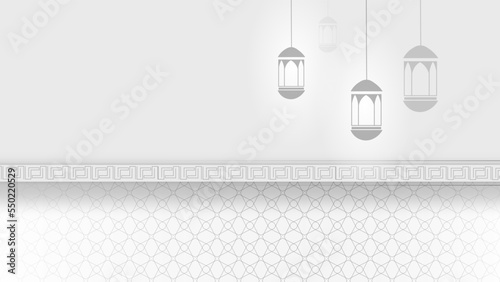 Ramadan Kareem greeting card. Luxury Golden lantern on the shelf with handwritten arabic calligraphy means Ramadan Kareem. Vector illustration in 3d realistic style for islamic muslim holidays