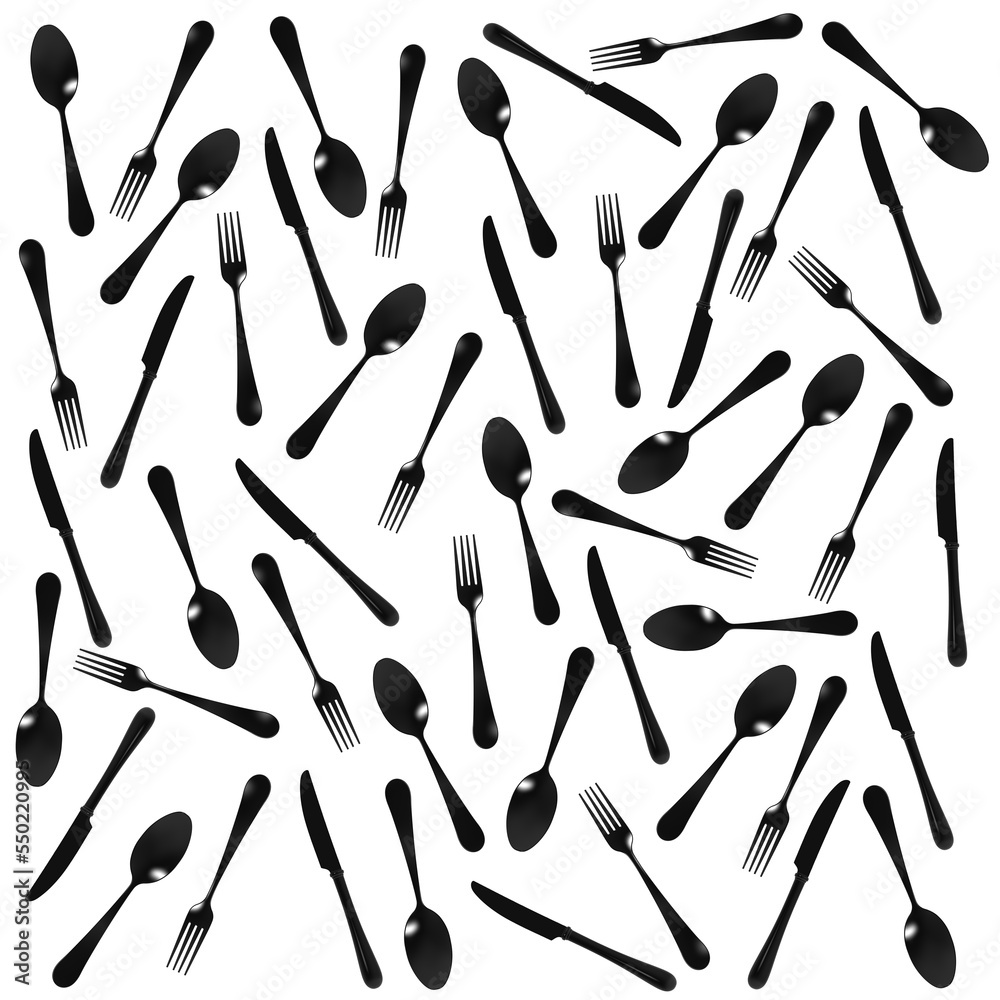 pattern Top view of fork, spoon, knife on white background. Template for applying to the surface. Square image. Flat lay. 3D image. 3D visualization. pattern Top view of fork, spoon, knife on white background. Template for applying to the surface. Square image. Flat lay. 3D image. 3D visualization.