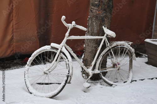 Retro bicycle covered with snow under a tree on the street