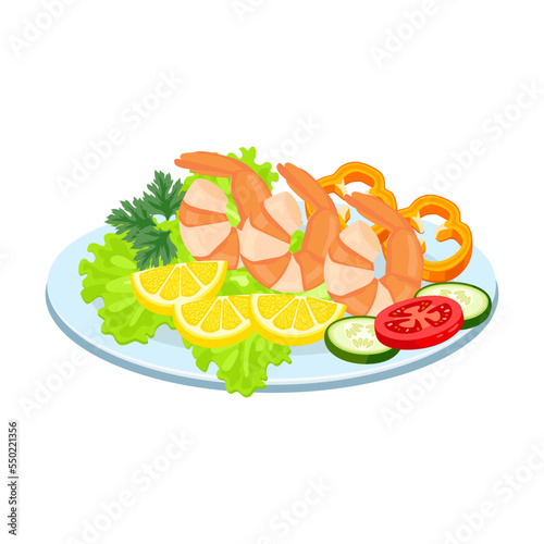 Shrimps with vegetables. Plate with seafood flat vector illustration. Dish from fish or shrimp, salmon and salad isolated on white. Food or seafood