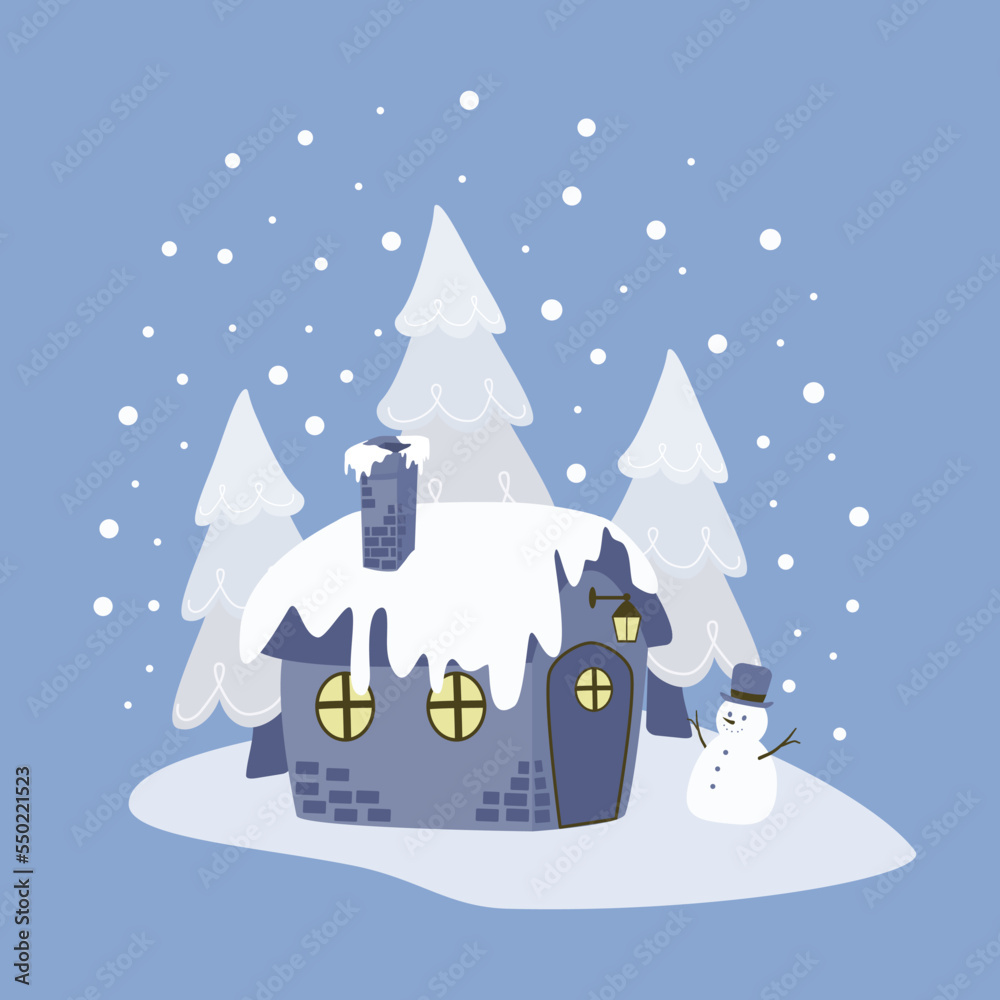 Blue house among snow. Winter landscape. Christmas illustration. Flat design.