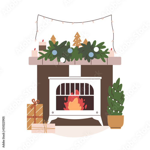 Christmas fireplace with holiday decoration, Xmas gift box. Festive winter fireside with fire, fir branch ornament on mantelpiece. Indoor hearth. Flat vector illustration isolated on white background