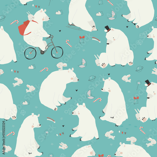 Seamless Pattern with Cute Polar Bears and Rabbits enjoying Winter