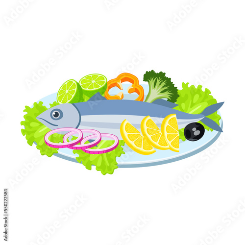 Plate with fish with vegetables, seafood flat vector illustration. Dish from fish or shrimp, salmon and salad isolated on white. Food or seafood