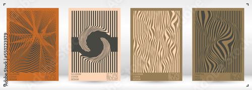 Geometrical Poster Design with Optical Illusion Effect.  Modern Psychedelic Cover Page Collection. Pastel Wave Lines Background. Fluid Stripes Art. Swiss Design. Vector Illustration for Brochure.