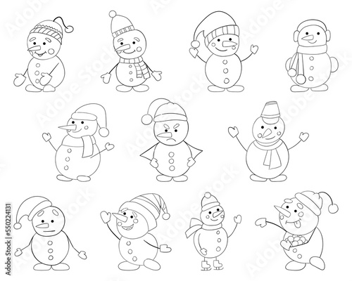 A set of snowmen with a thin line, vector illustration of a doodle on a white background