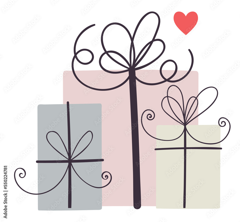 Three gift boxes with ribbons with a small red heart. Three gift boxes with ribbons with a small red heart.