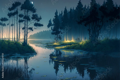swamp landscape at night, redwood trees © CreativeImage