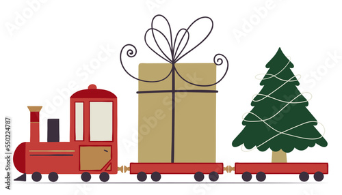 The red toy train is carrying Christmas gift box and tree. 