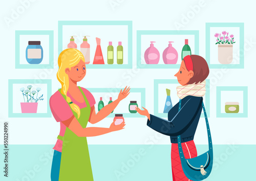 Seller cosmetic shop woman character assistant, female buyer purchase healthy skin care cream, perfumery boutique flat vector illustration.