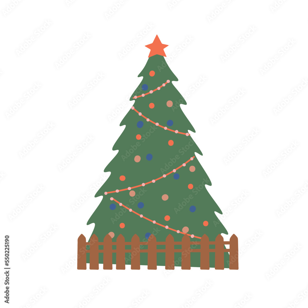 Decorated christmas tree with fence in flat style. Decorated christmas tree with fence in flat style.