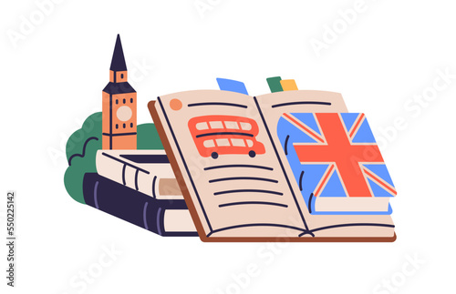 English language study, education concept. Grammar book, school literature, dictionary, vocabulary, textbook composition for linguistics lesson. Flat vector illustration isolated on white background