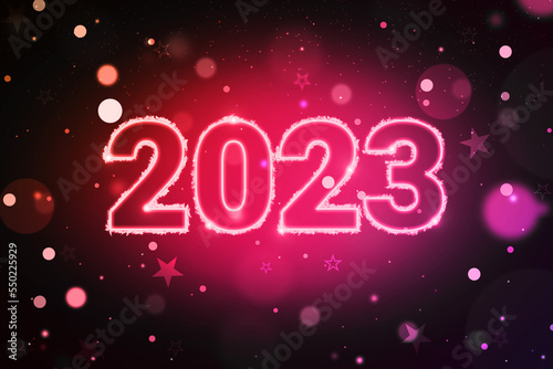 Trendy color 2023 wallpaper design with glowing lights and typography. Modern new year wallpaper backdrop