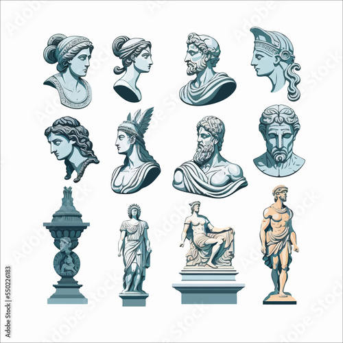Fotografia Ancient Greek classic statues and sculptures set, drawn in modern trendy style  isolated on white background