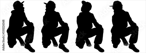 A teenager in a fashionable cap. The boy squatted down. Fashion stylish teenage boys. Children's fashion. Model. Front view, full face, half-side, side. Four black teen silhouettes are isolated.