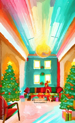 Merry Christmas living room cozy decoration. New year interior in warm bright colors. Christmas illustration. Digital watercolor and acrylic mixed painting art. Greeting or postcard design background © AnnArts