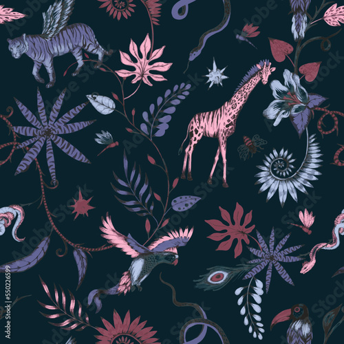 Wallpaper Mural Beautiful vector trendy seamless pattern with hand drawn chimera animals birds insects and fantasy plants. Stock fashionable textile illustration. Torontodigital.ca
