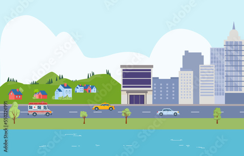 Suburb concept highway urban cityscape, downtown city banner, landscape town river water channel flat vector illustration.