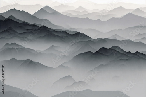 Seamless gray mountains fading into fog. High quality illustration. Gorgeous abstract mountain range print for surface design. Seamless repeat raster jpg pattern swatch. Grey paper texture overlay