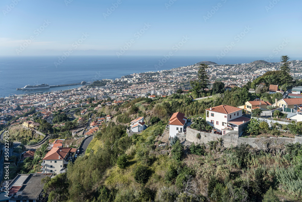 aerial wide cityscape of historical town and harbor on Atlantic ocean, Funchal, Madeira
