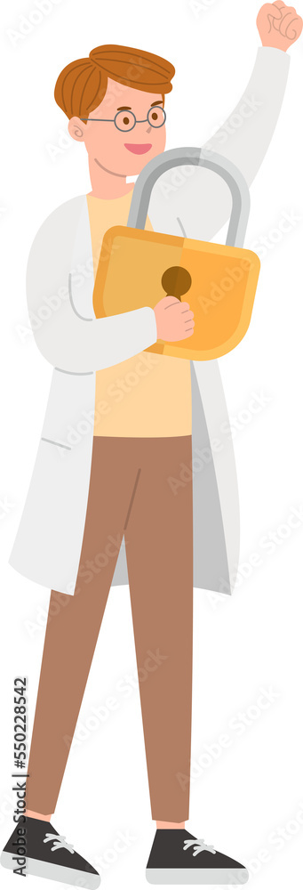 Paramedic or doctor or nurse man in physician gown raised hand with lock, security and encryption