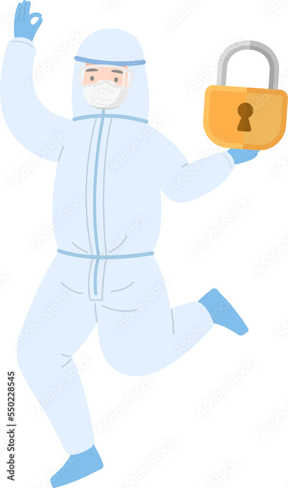 Medical staff or doctor or nurse wearing isolation gown holding lock and showing ok gesture, security and encryption