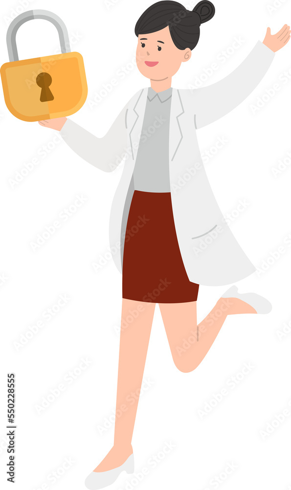 Paramedic or doctor or nurse woman in physician gown raised hand with lock, security and encryption